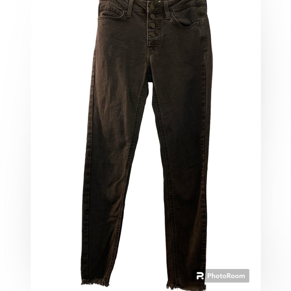 JUST BLACK JBD,  jeans, size 25, button fly, raw hem, stretch. Mid rise.  Black.